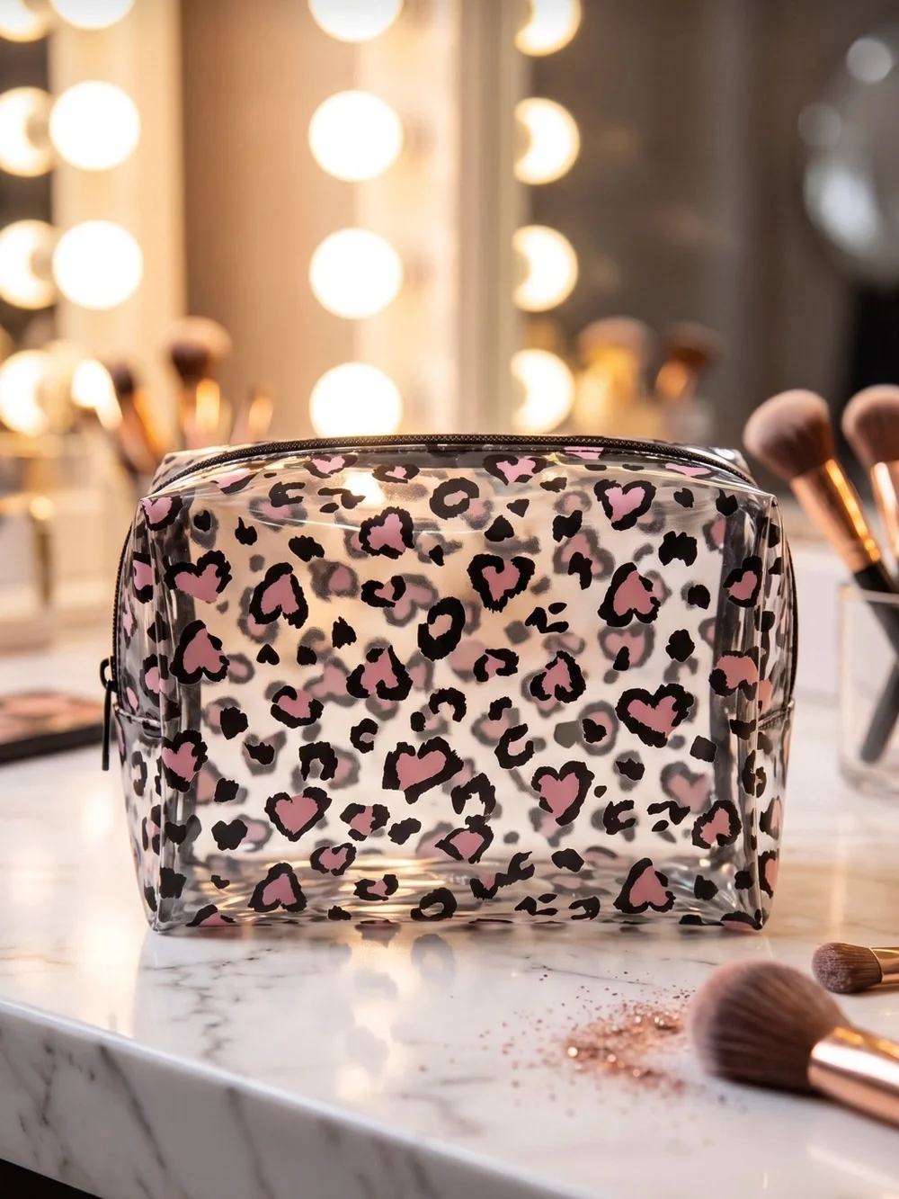 Clear Pink Leopard Print Cosmetic Bag - Women Bags